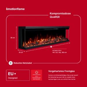Emotion Flame Elektrokamin Unity: Maße (36cm H, 19cm T, 107-183cm B). Mit EU-Design, robustem Kabel und vorgehärtetem Sicherheitsglas.