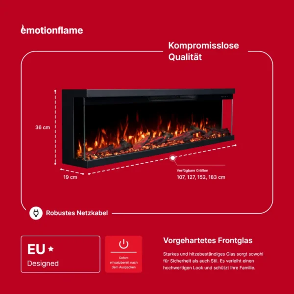 Emotion Flame Elektrokamin Unity: Maße (36cm H, 19cm T, 107-183cm B). Mit EU-Design, robustem Kabel und vorgehärtetem Sicherheitsglas.