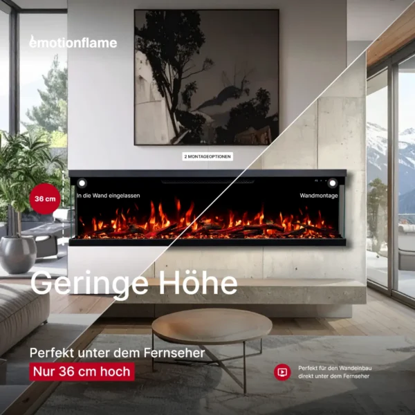 Emotion Flame Elektrokamin Unity: Geringe Höhe von nur 36 cm, perfekt für Wandmontage oder Wandeinbau direkt unter dem Fernseher.