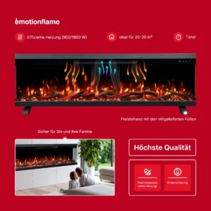 Emotion Flame Elektrokamin Unity: Heizung (900/1800W) für 20-30m², Timer, Kindersicherung, freistehend nutzbar und Flammenmodus ohne Hitze.