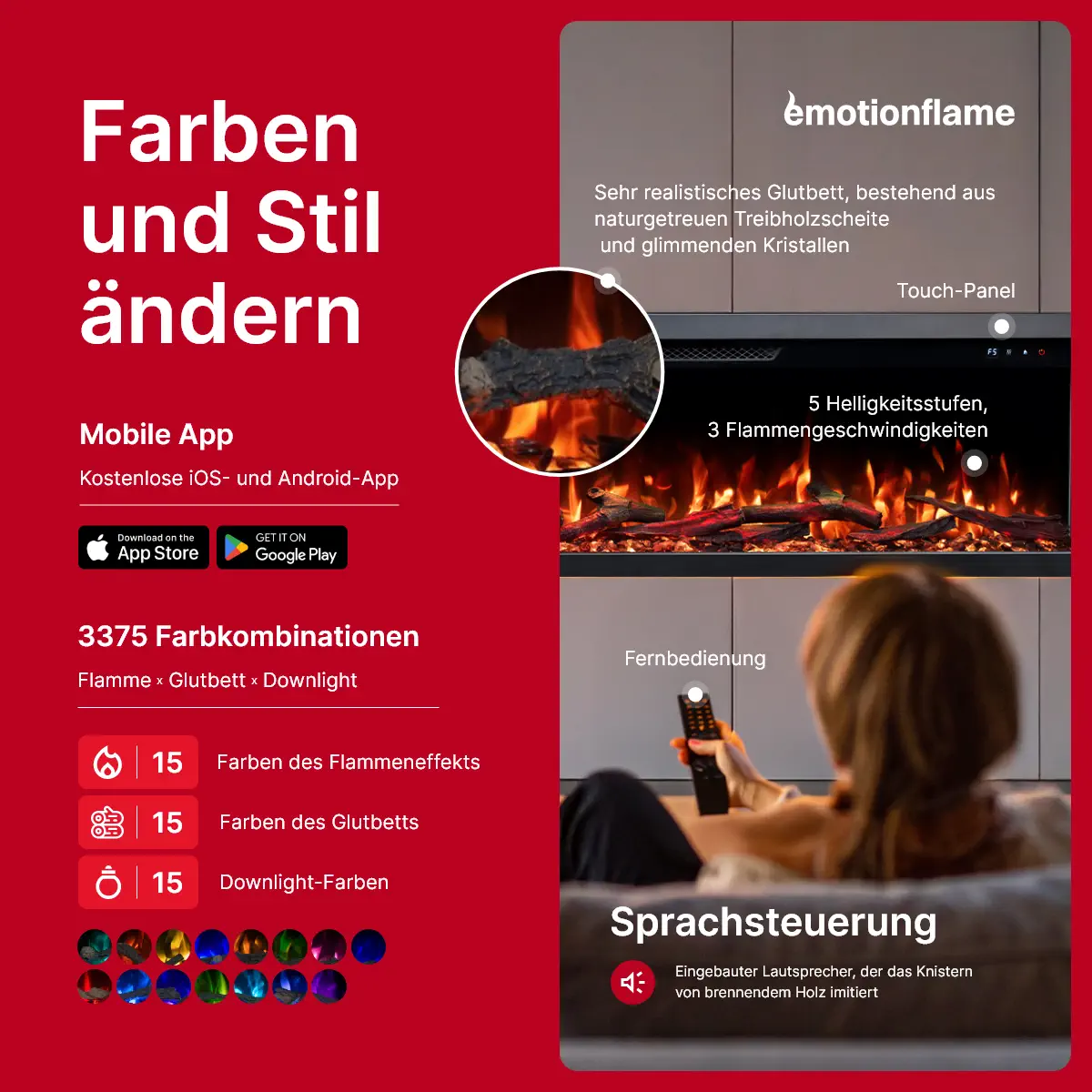 Emotion Flame Elektrokamin Unity: Steuerung per App, Sprache, Fernbedienung & Touch sowie 3375 Farbkombinationen für Flamme und Glut.