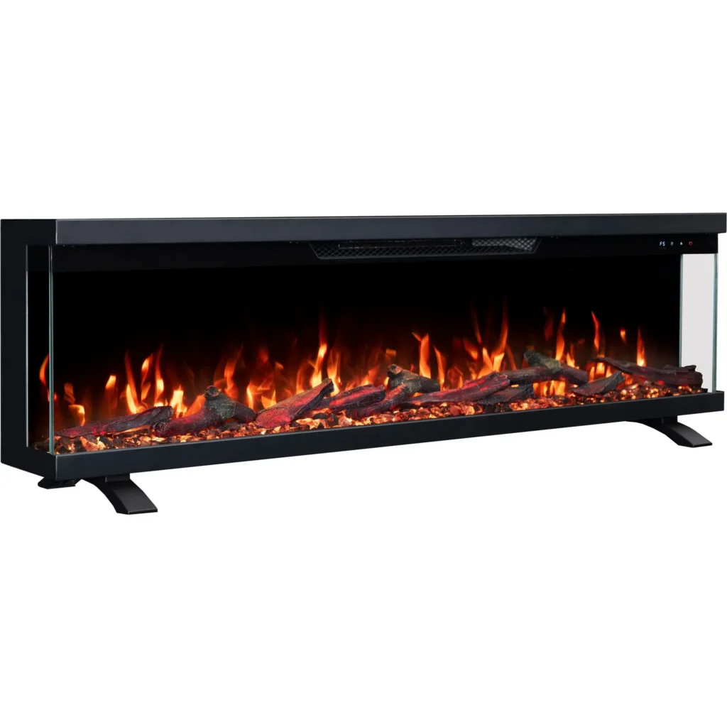Freistehender 3-seitiger Elektrokamin Emotion Flame Unity auf Standfüßen, Seitenansicht mit orangefarbenem Flammeneffekt und Kristallglutbett