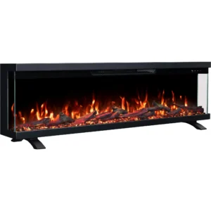 Freistehender 3-seitiger Elektrokamin Emotion Flame Unity auf Standfüßen, Seitenansicht mit orangefarbenem Flammeneffekt und Kristallglutbett