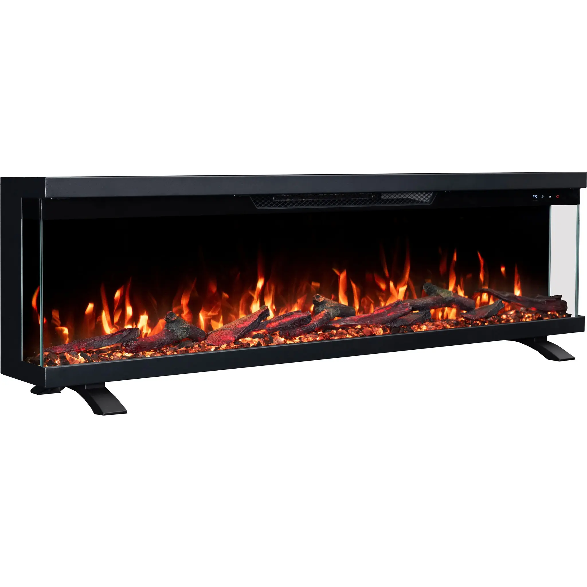 Freistehender 3-seitiger Elektrokamin Emotion Flame Unity auf Standfüßen, Seitenansicht mit orangefarbenem Flammeneffekt und Kristallglutbett