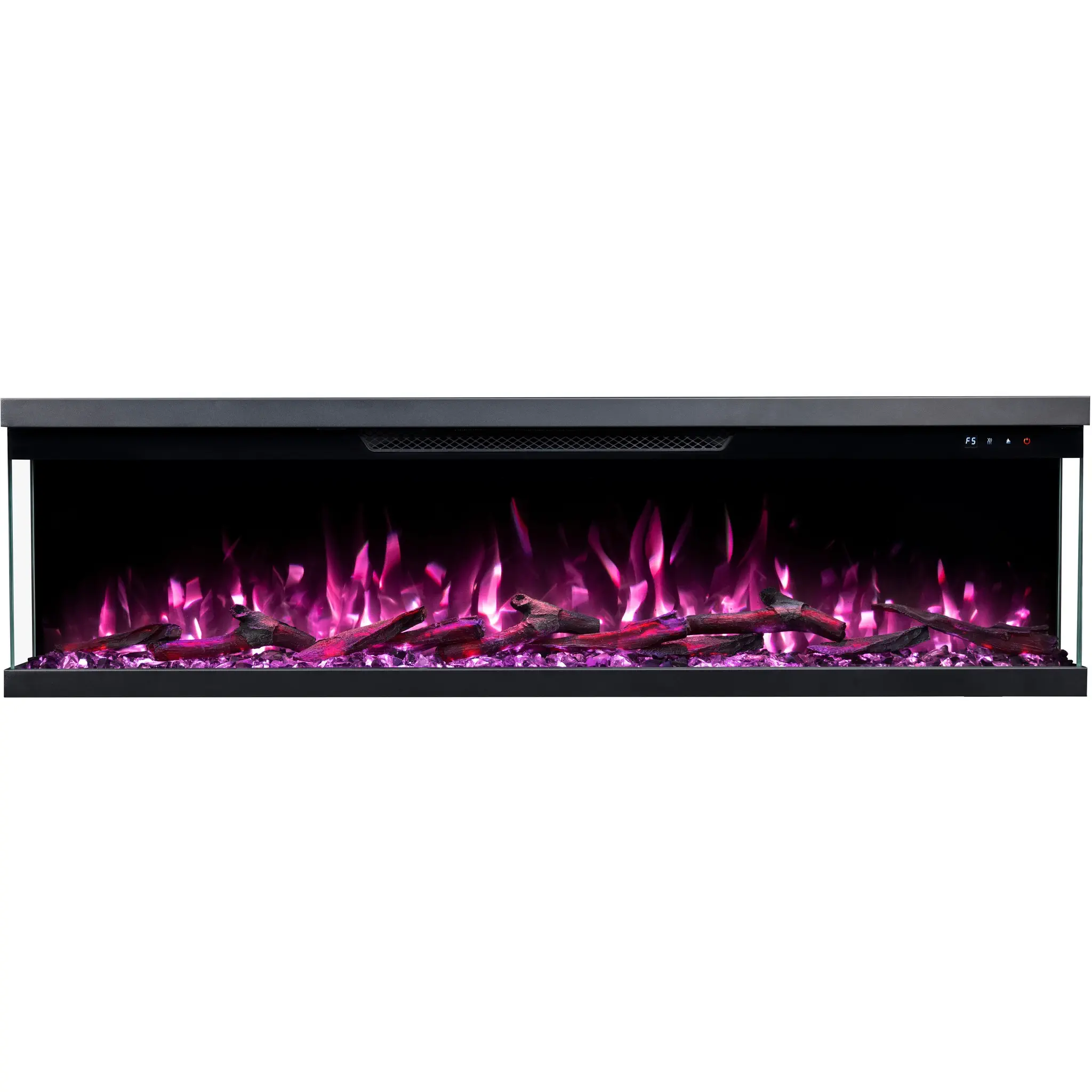 3-seitiger Panoramakamin Emotion Flame Unity Frontansicht mit rosafarbenem Flammeneffekt und glühenden Holzscheiten