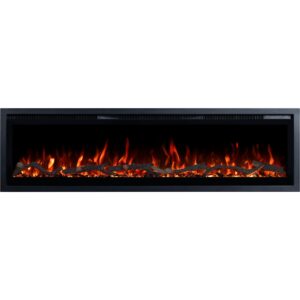 Elektrischer Kamin Emotion Flame Regal mit orangefarbenem Flammeneffekt, Frontansicht auf realistische Holzscheite und Kristalle