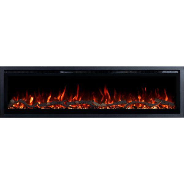 Elektrischer Kamin Emotion Flame Regal mit orangefarbenem Flammeneffekt, Frontansicht auf realistische Holzscheite und Kristalle