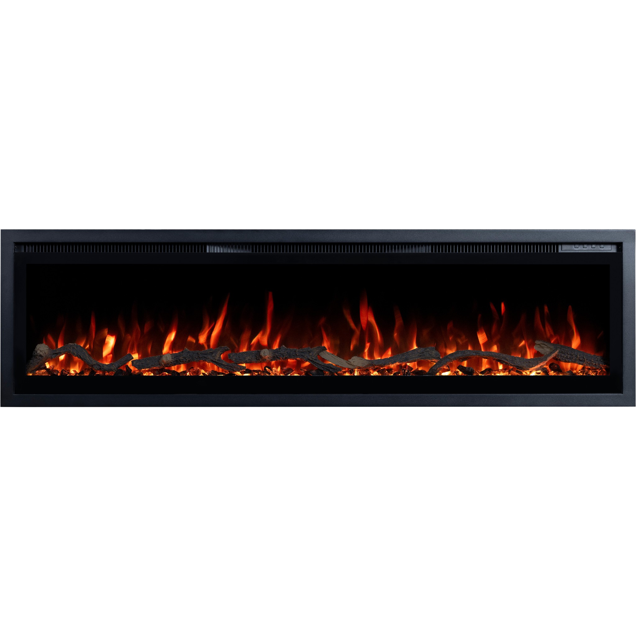 Elektrischer Kamin Emotion Flame Regal mit orangefarbenem Flammeneffekt, Frontansicht auf realistische Holzscheite und Kristalle