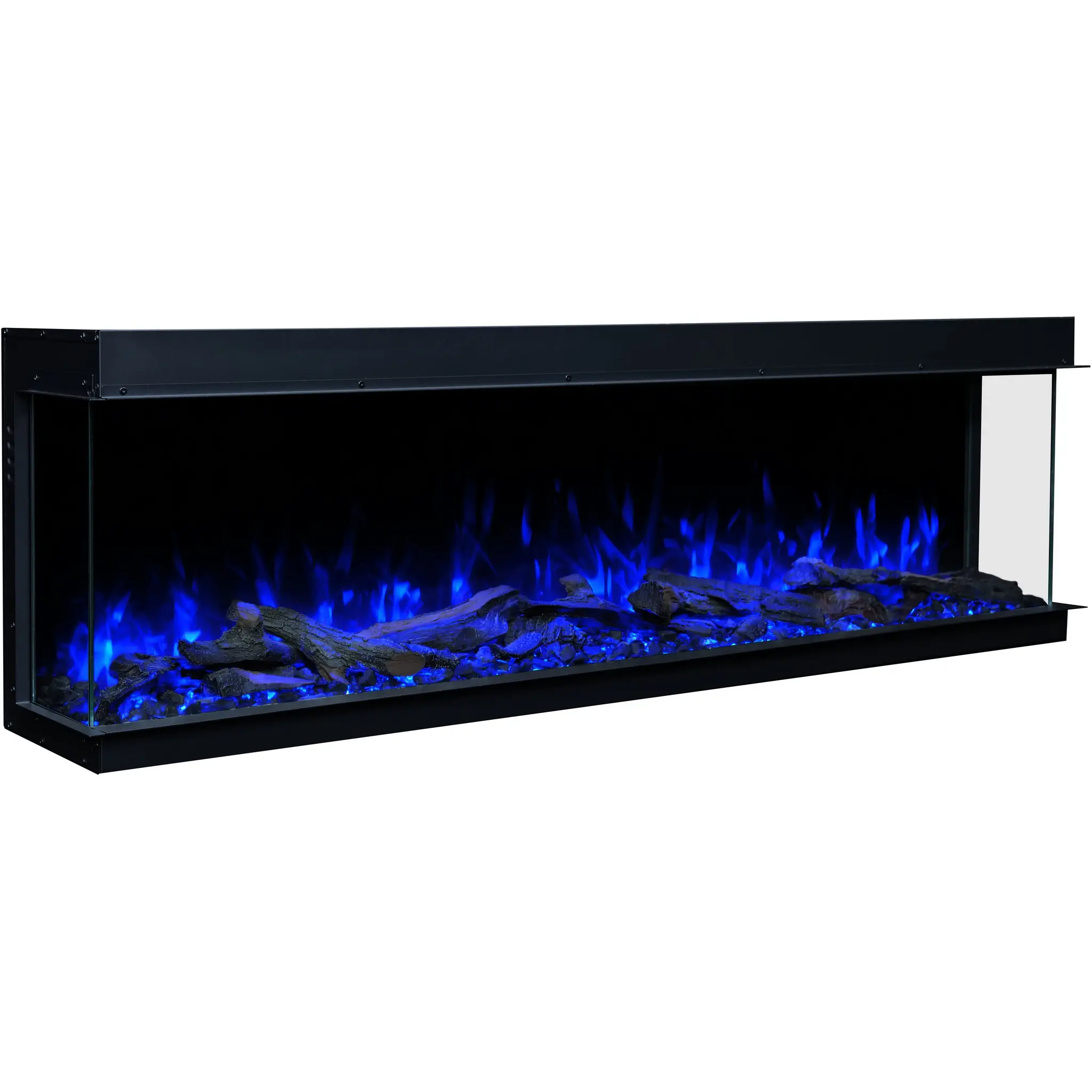 Perspektivische Ansicht des Emotion Flame Solis Elektrokamins mit modernem blauem Flammeneffekt, der durch das dreiseitige Design optimal sichtbar ist