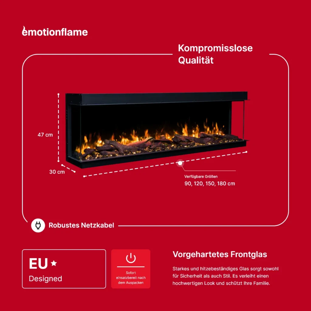 Emotion Flame Solis Elektrokamin Abmessungen: 47 cm Höhe, 30 cm Tiefe und verfügbare Breiten von 90 bis 180 cm, mit vorgehärtetem Frontglas