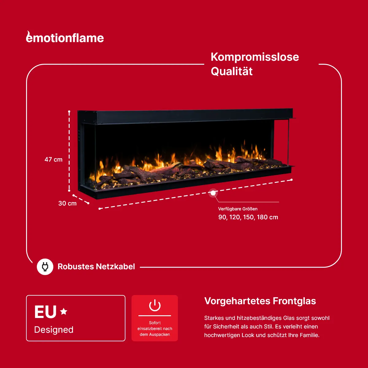 Emotion Flame Solis Elektrokamin Abmessungen: 47 cm Höhe, 30 cm Tiefe und verfügbare Breiten von 90 bis 180 cm, mit vorgehärtetem Frontglas