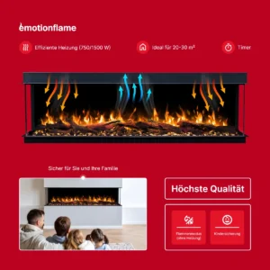 Emotion Flame Solis Elektrokamin Funktionen: effiziente Heizung 750/1500 W, Timer, Kindersicherung und Flammenmodus ohne Heizung