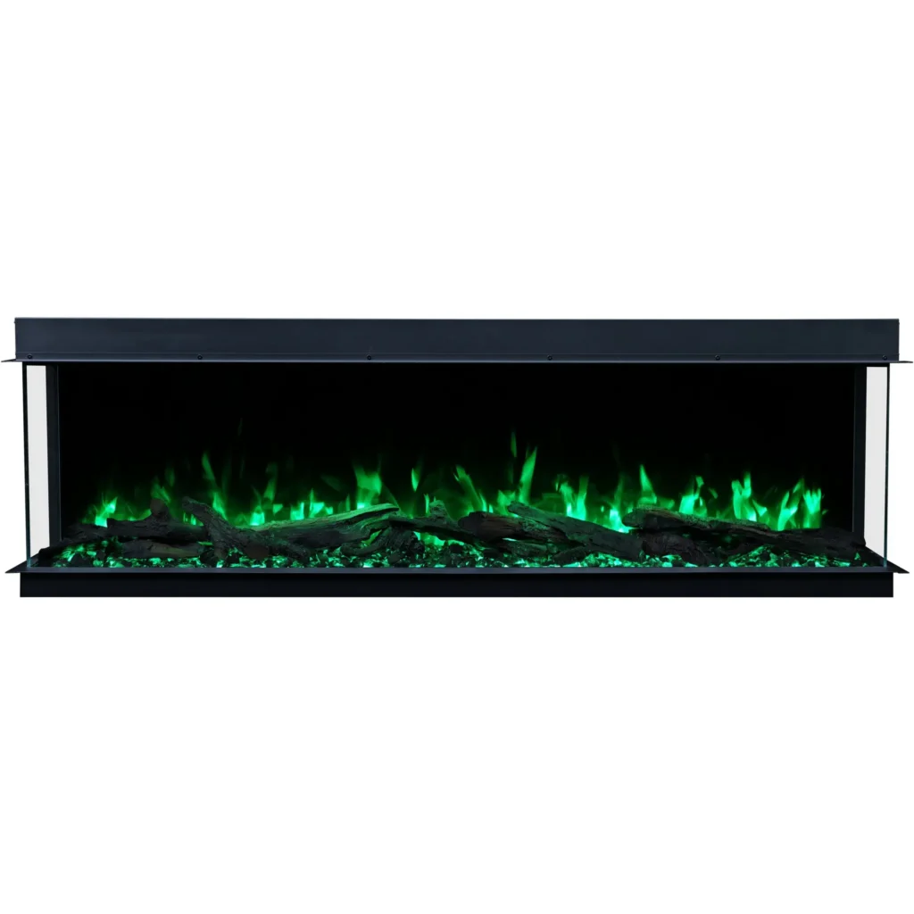Emotion Flame Solis Wandeinbau-Elektrokamin in der Frontansicht, beleuchtet mit einem intensiven grünen Flammeneffekt und Kristallglutbett