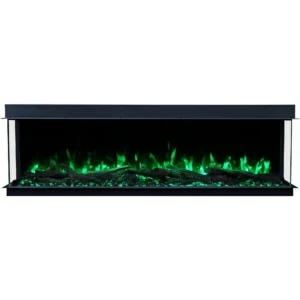 Emotion Flame Solis Wandeinbau-Elektrokamin in der Frontansicht, beleuchtet mit einem intensiven grünen Flammeneffekt und Kristallglutbett