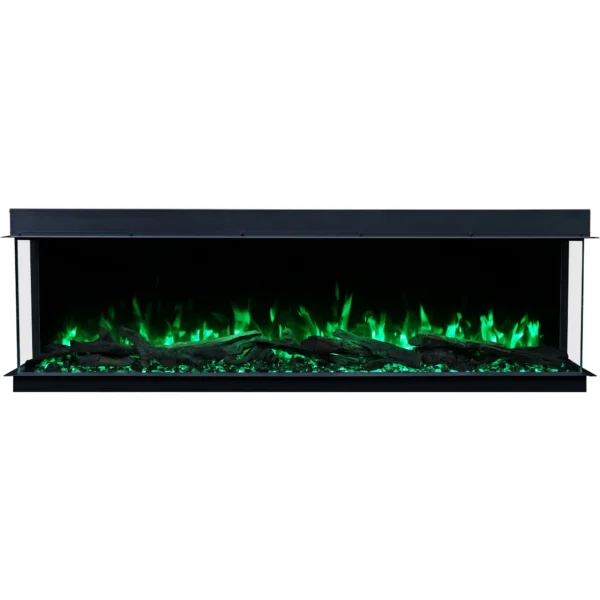 Emotion Flame Solis Wandeinbau-Elektrokamin in der Frontansicht, beleuchtet mit einem intensiven grünen Flammeneffekt und Kristallglutbett