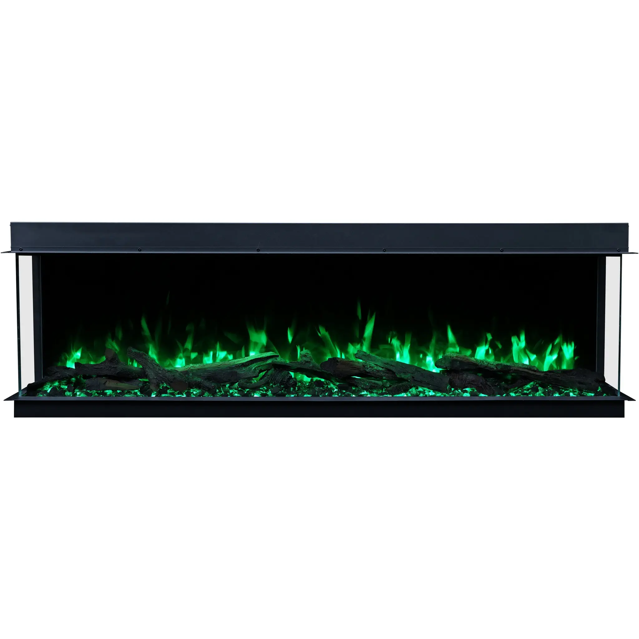 Emotion Flame Solis Wandeinbau-Elektrokamin in der Frontansicht, beleuchtet mit einem intensiven grünen Flammeneffekt und Kristallglutbett