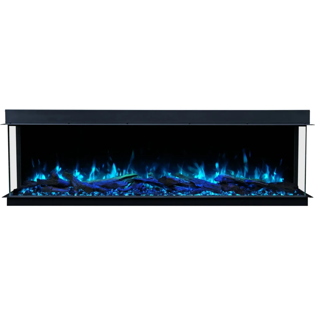 Frontansicht des Elektrokamins Emotion Flame Solis mit einem einzigartigen mintgrünen Flammeneffekt über dekorativen Holzscheiten und Kristallen