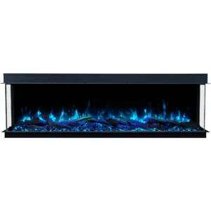 Frontansicht des Elektrokamins Emotion Flame Solis mit einem einzigartigen mintgrünen Flammeneffekt über dekorativen Holzscheiten und Kristallen