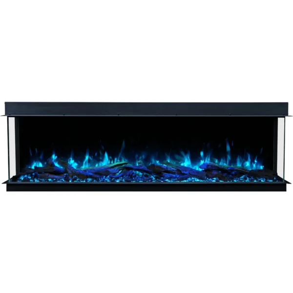 Frontansicht des Elektrokamins Emotion Flame Solis mit einem einzigartigen mintgrünen Flammeneffekt über dekorativen Holzscheiten und Kristallen