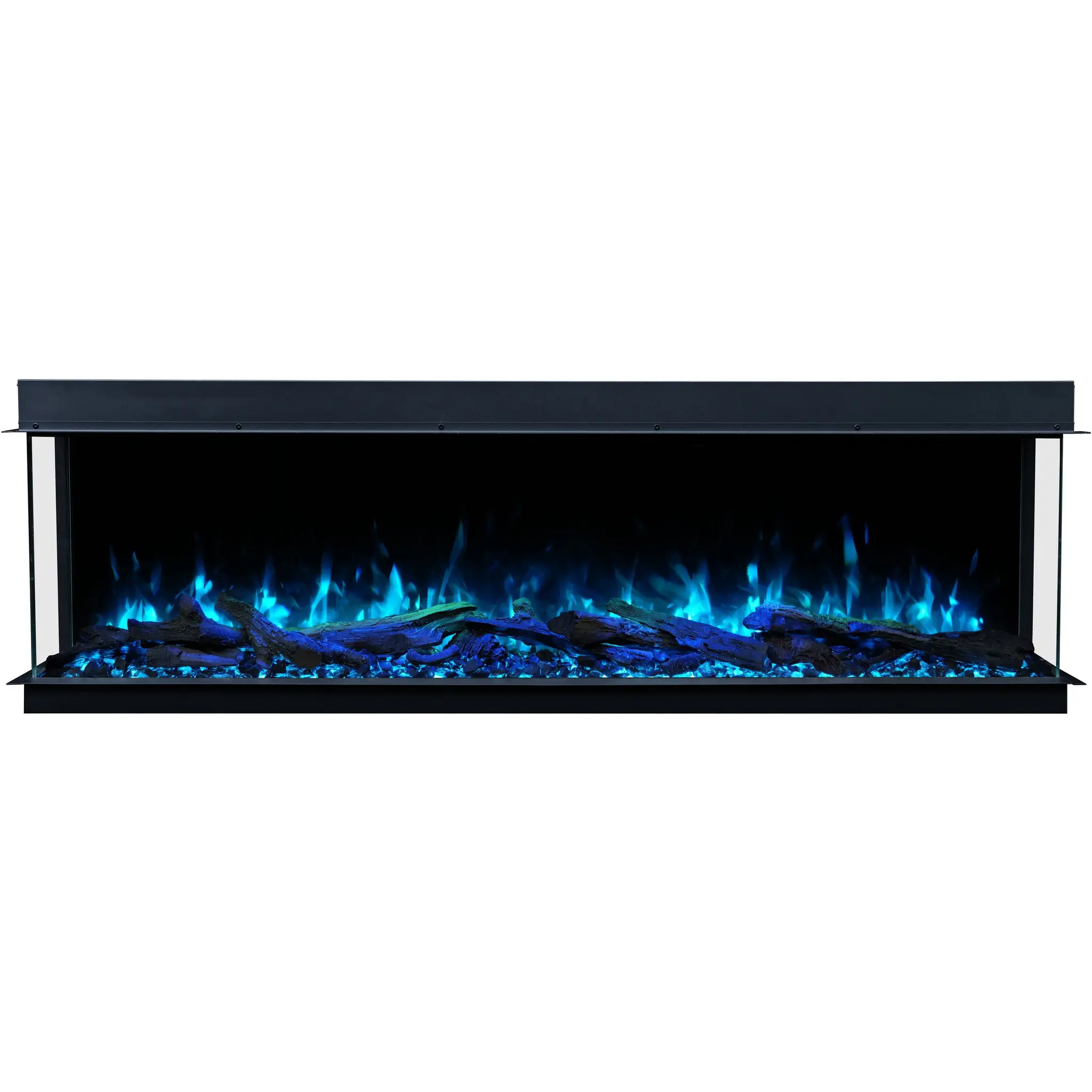 Frontansicht des Elektrokamins Emotion Flame Solis mit einem einzigartigen mintgrünen Flammeneffekt über dekorativen Holzscheiten und Kristallen