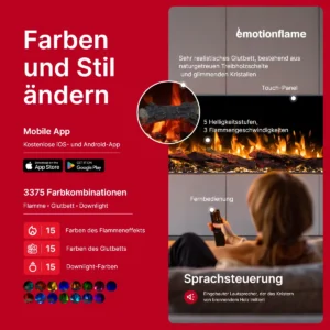 Emotion Flame Solis Elektrokamin Steuerung: Mobile App, Fernbedienung, Touch-Panel, 3375 Farbkombinationen und integrierter Lautsprecher mit Holzknistern