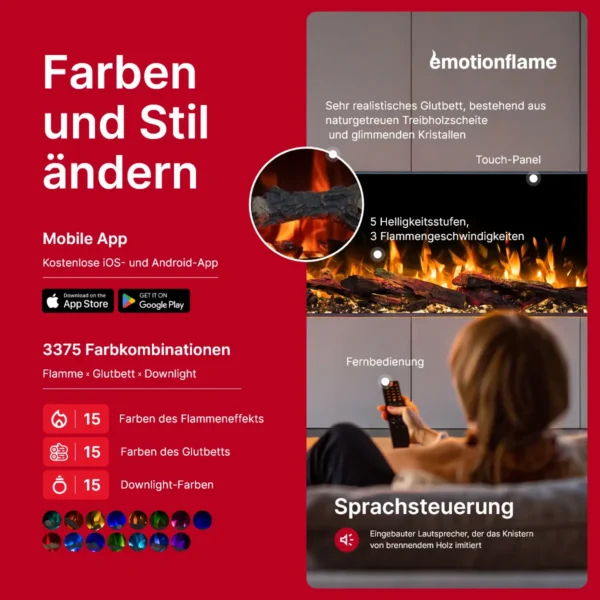 Emotion Flame Solis Elektrokamin Steuerung: Mobile App, Fernbedienung, Touch-Panel, 3375 Farbkombinationen und integrierter Lautsprecher mit Holzknistern