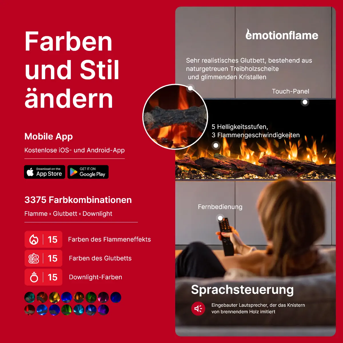 Emotion Flame Solis Elektrokamin Steuerung: Mobile App, Fernbedienung, Touch-Panel, 3375 Farbkombinationen und integrierter Lautsprecher mit Holzknistern
