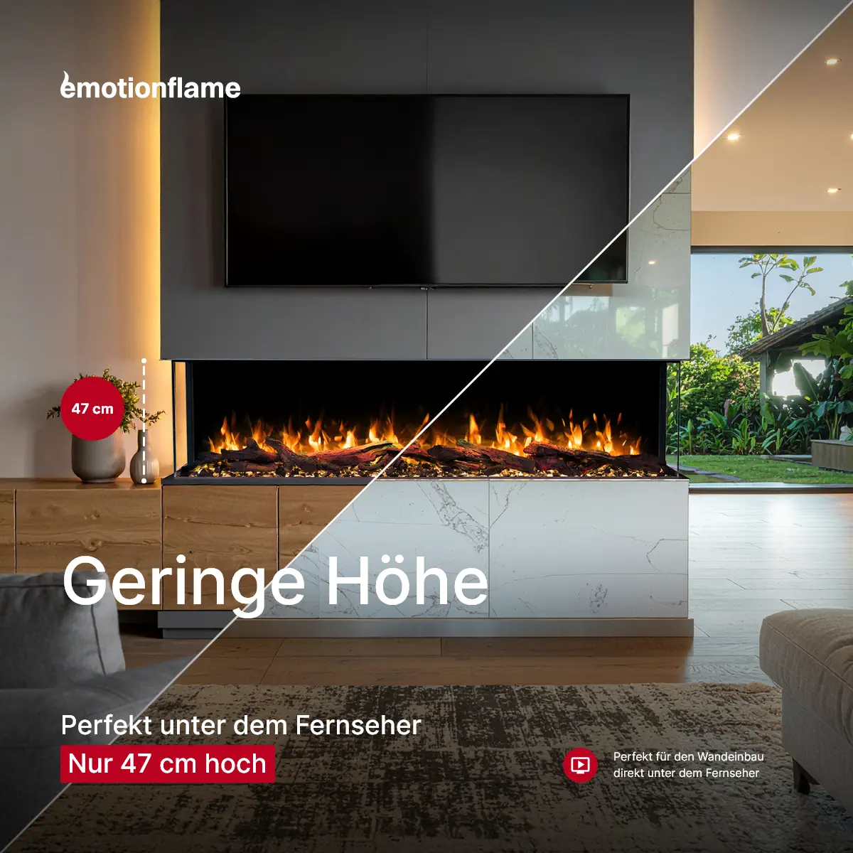 Emotion Flame Solis Elektrokamin mit 47 cm geringer Höhe, ideal für den Wandeinbau direkt unter dem Fernseher