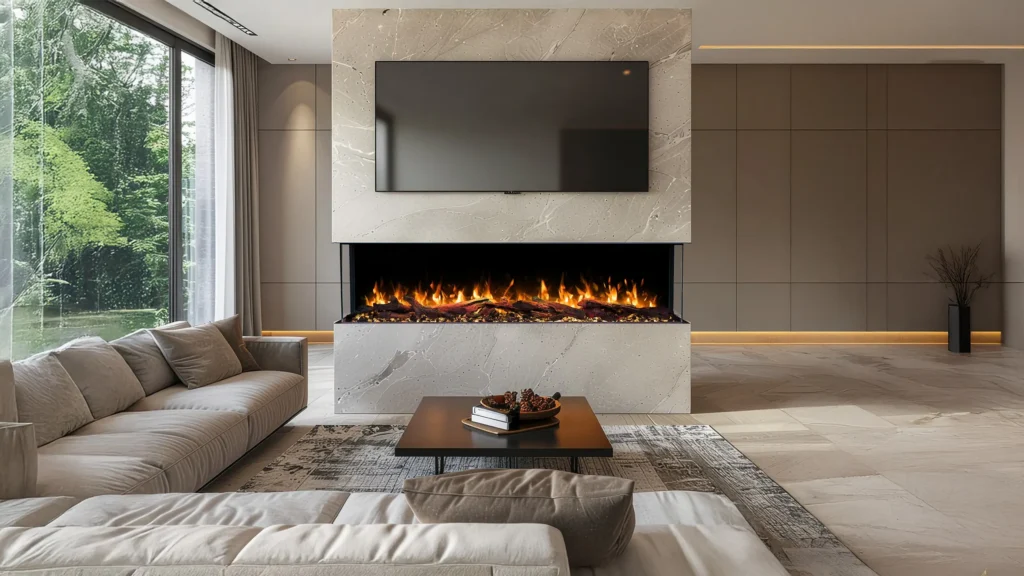 Inspiration für eine TV-Wand mit dem Emotion Flame Solis Elektrokamin, der von drei Seiten sichtbare realistische Flammen zeigt