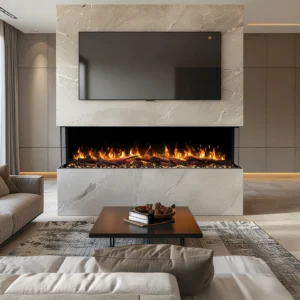 Inspiration für eine TV-Wand mit dem Emotion Flame Solis Elektrokamin, der von drei Seiten sichtbare realistische Flammen zeigt