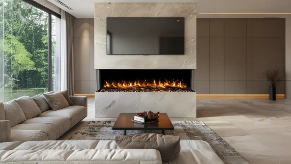 Inspiration für eine TV-Wand mit dem Emotion Flame Solis Elektrokamin, der von drei Seiten sichtbare realistische Flammen zeigt