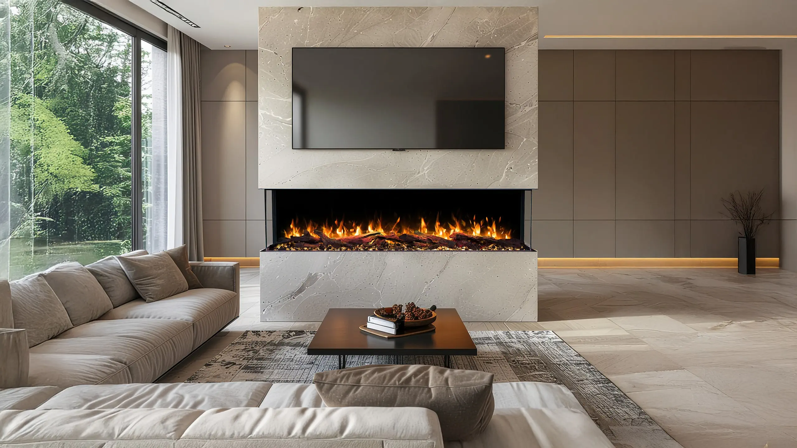 Inspiration für eine TV-Wand mit dem Emotion Flame Solis Elektrokamin, der von drei Seiten sichtbare realistische Flammen zeigt