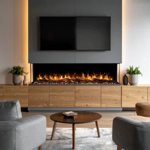 Modernes Wohnzimmer mit Wandeinbau-Elektrokamin Emotion Flame Solis unter dem TV, der eine realistische dreiseitige Feuersicht bietet