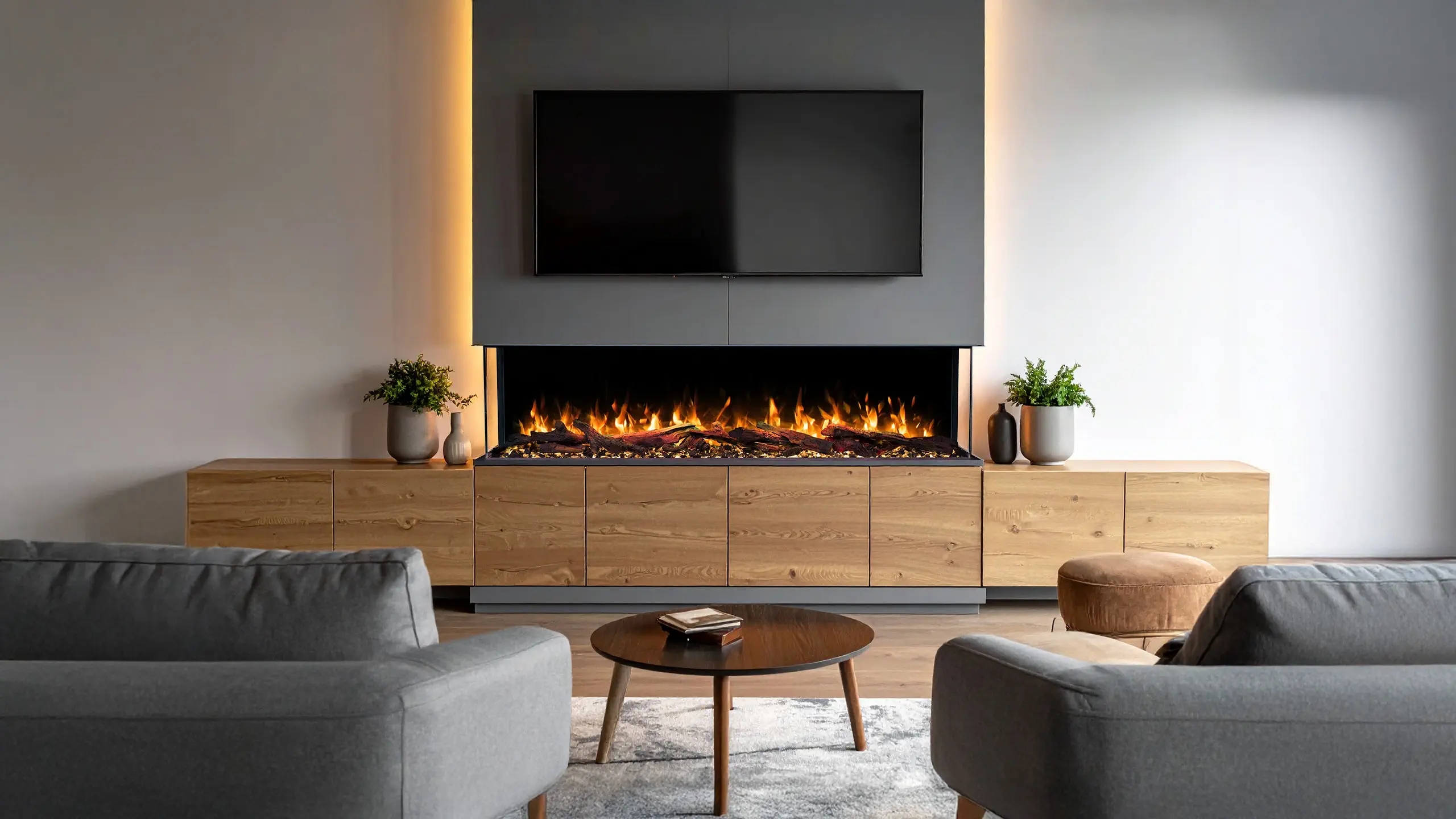 Modernes Wohnzimmer mit Wandeinbau-Elektrokamin Emotion Flame Solis unter dem TV, der eine realistische dreiseitige Feuersicht bietet